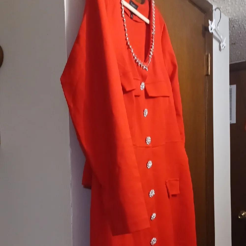 Eloquii Red Long Sleeve Dress with Embellished Neckline - Picture 3 of 10
